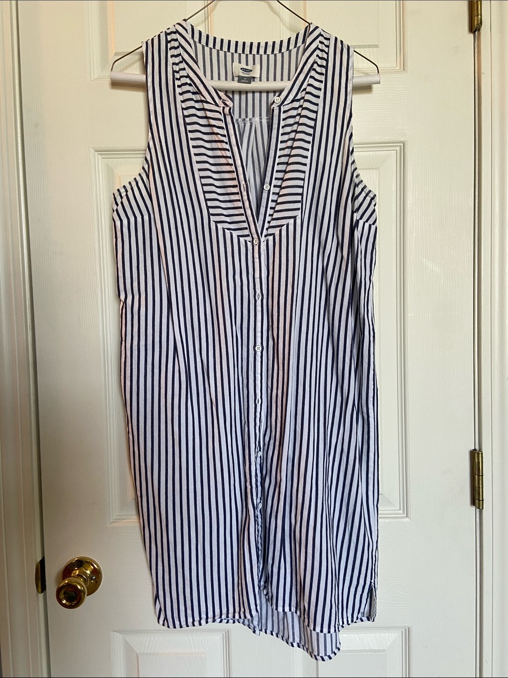 Sleeveless Navy and White Striped Button-Front Dress
